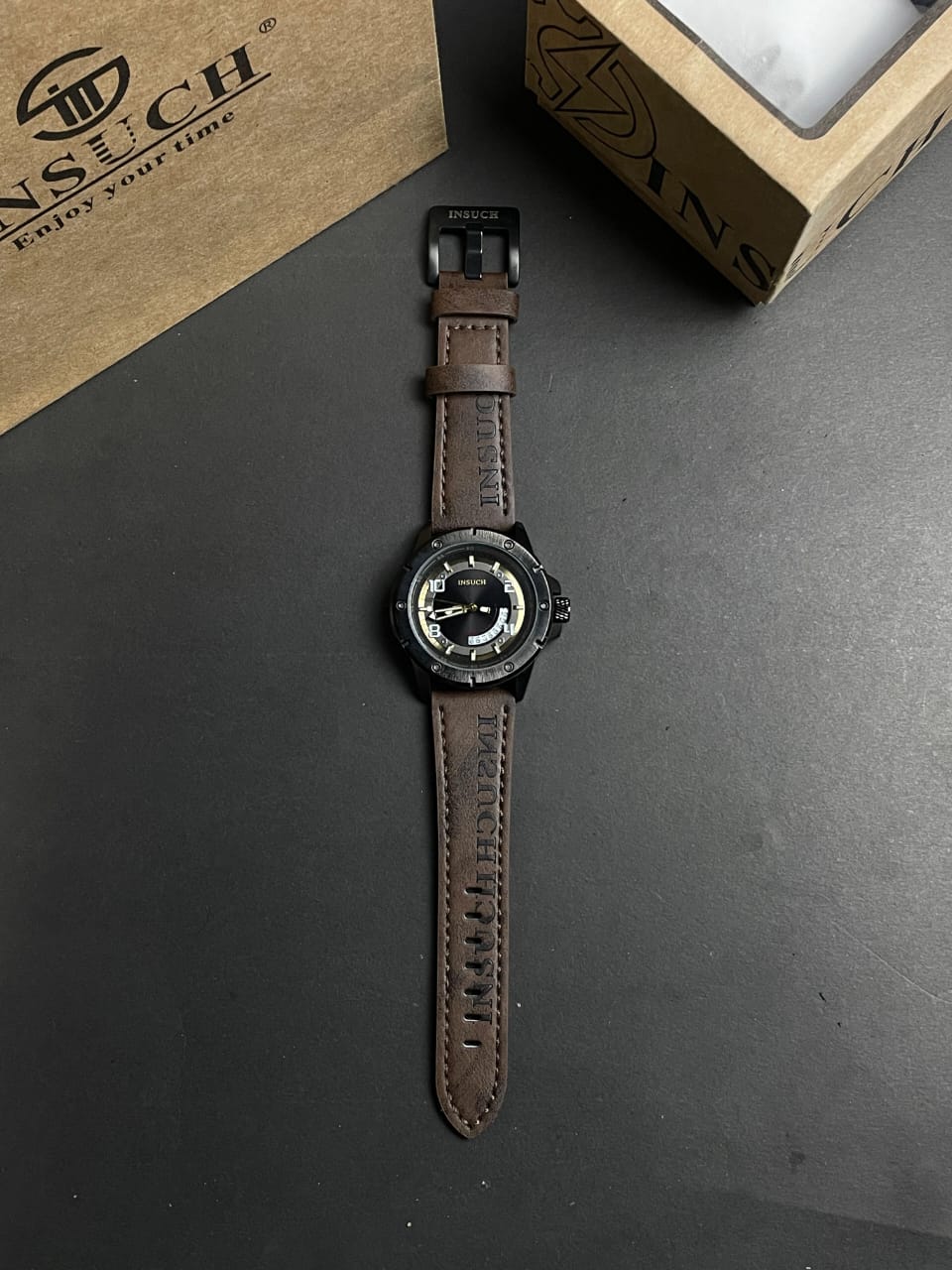 INSUCH MEN'S WATCH ,Quartz Machine,Rotating Dial  With Leather Strap