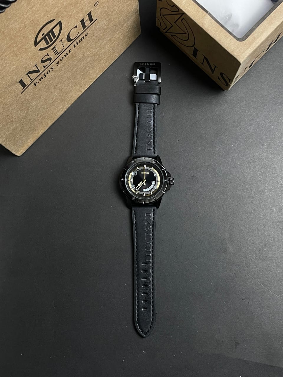 INSUCH MEN'S WATCH ,Quartz Machine,Rotating Dial  With Leather Strap