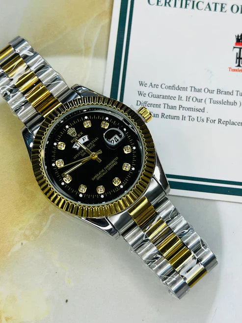Premium Day Date Two Tone Black Dial Watch