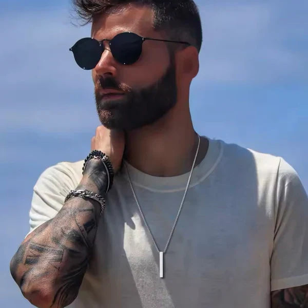 Silver Vertical Bar Pendant With Curb Chain