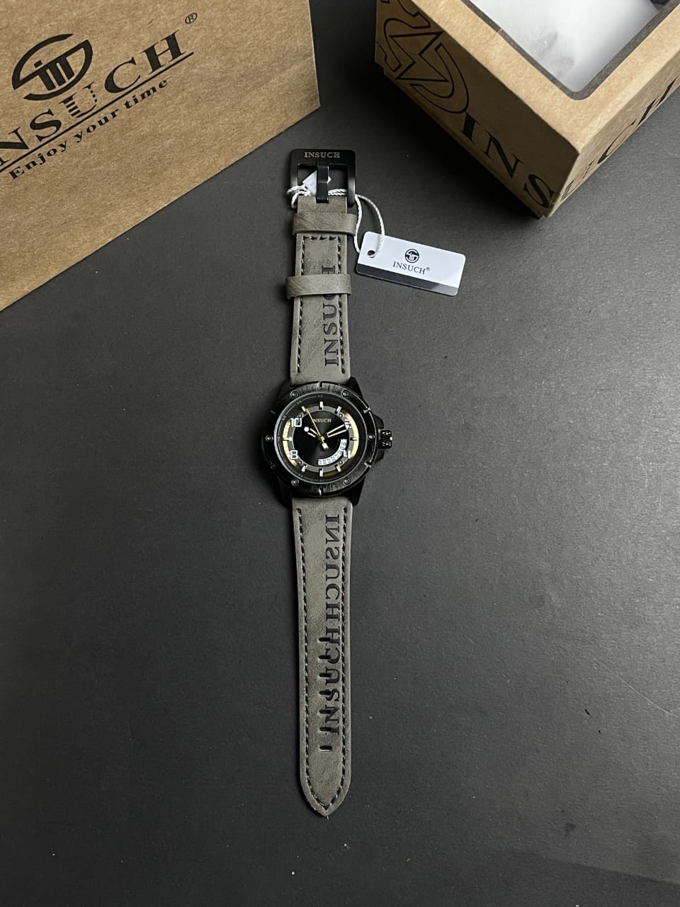 INSUCH MEN'S WATCH ,Quartz Machine,Rotating Dial  With Leather Strap