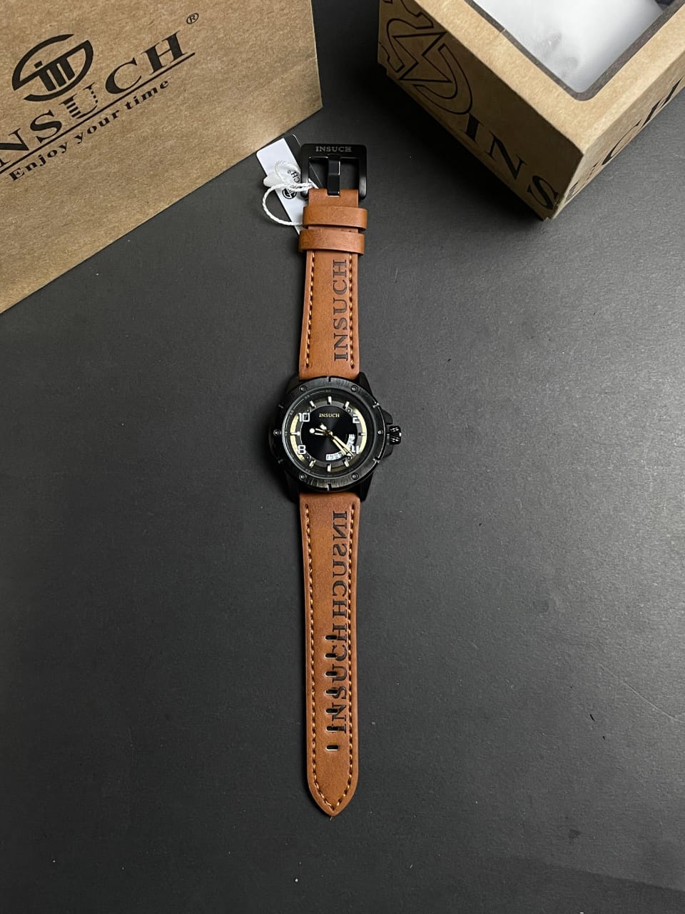 INSUCH MEN'S WATCH ,Quartz Machine,Rotating Dial  With Leather Strap